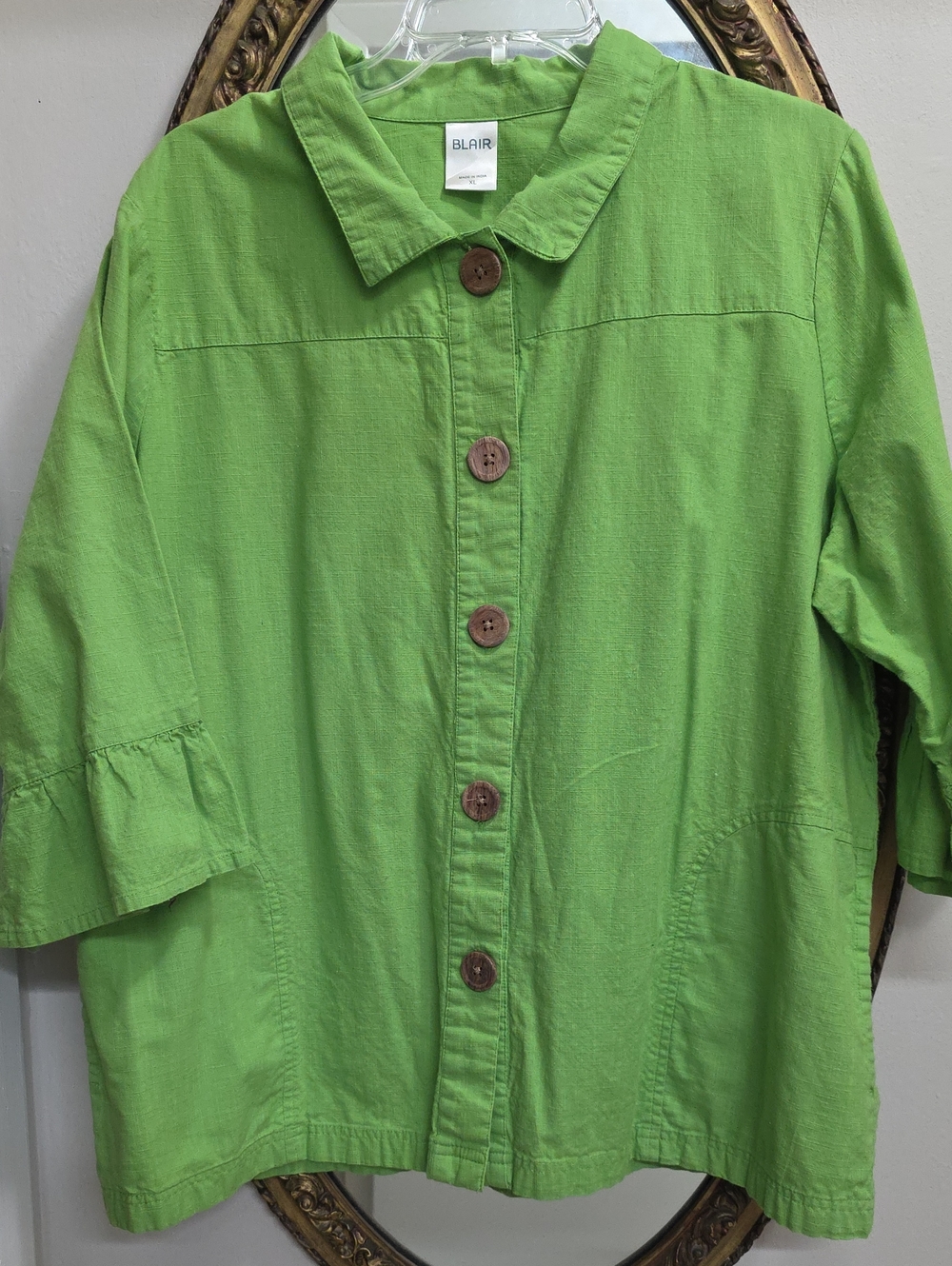 Blair Bright Green Button-Front Top Tunic Size XL Loose Fit Womens Button Down